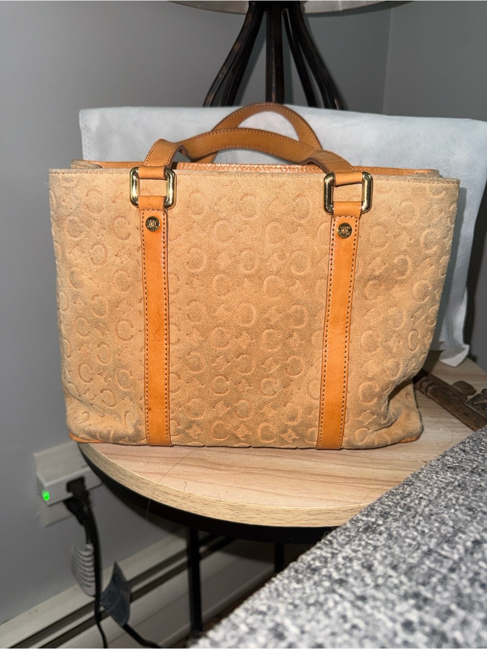 Authentic Celine Camel Suede Leather Macadam Monogram Vintage Celine Tote!Rare.